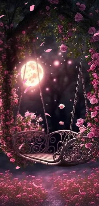 A magical moonlit swing in a garden of pink flowers creates a dreamy atmosphere.