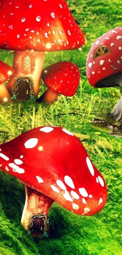 Fantasy mobile wallpaper of red mushroom houses in vibrant green grass.