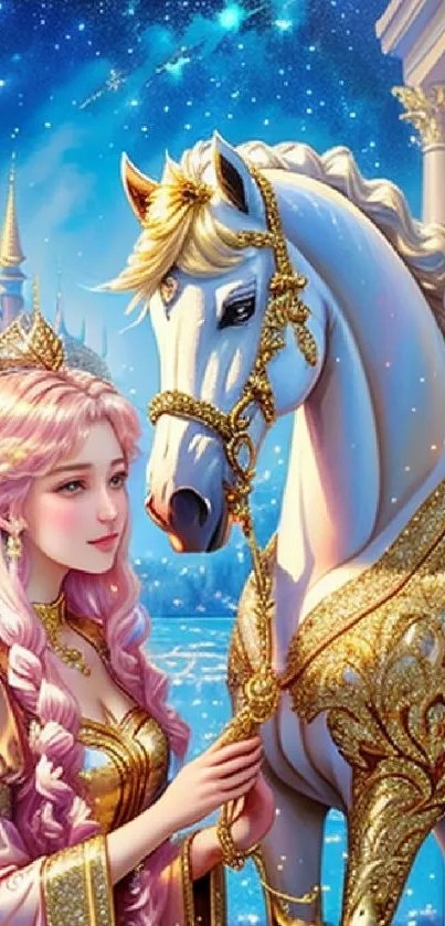 Enchanting princess with flowing pink hair and white horse under a starry sky.