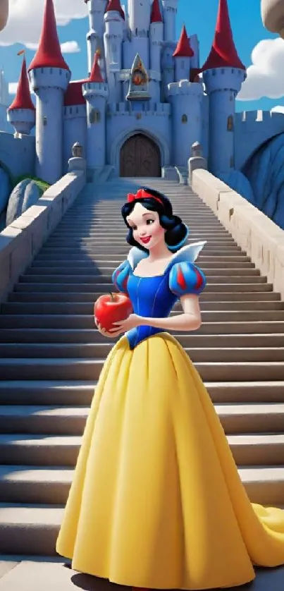 Princess with apple in front of grand castle.