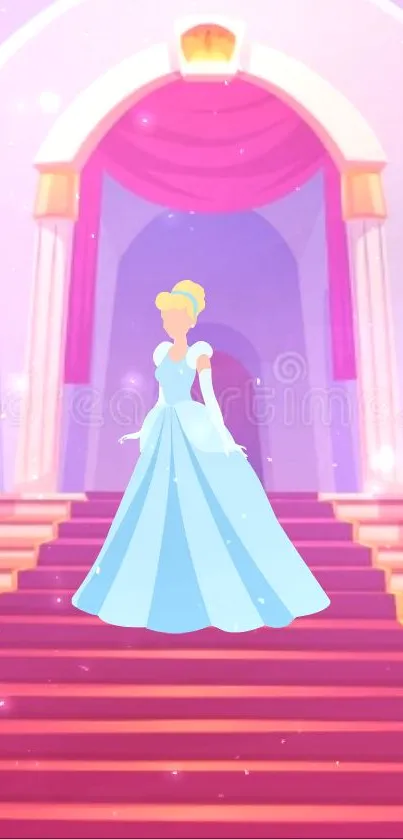 Fairytale princess standing on elegant castle stairs in dreamy pastel colors.