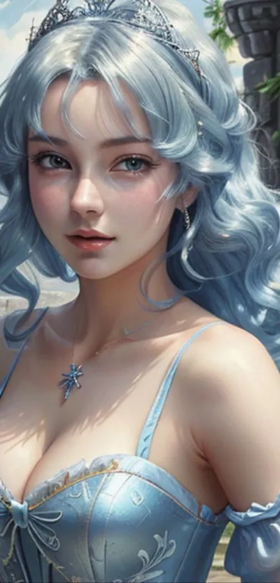 Fantasy princess with blue hair and dress in front of a magical castle.