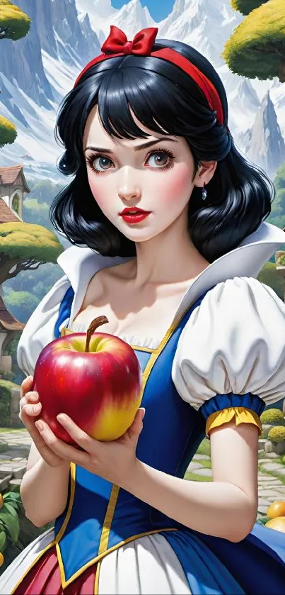 Fairytale princess holding a red apple.