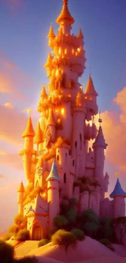 Dreamy fairytale castle at sunset with vibrant skies.