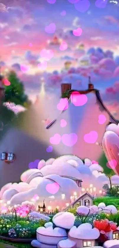 Whimsical fairytale village with pink clouds and heart accents.
