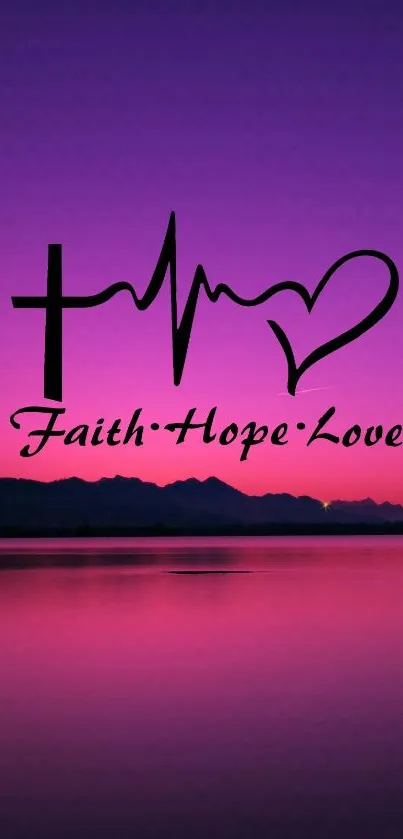 Purple sunset wallpaper with 'Faith Hope Love' text and serene lake view.