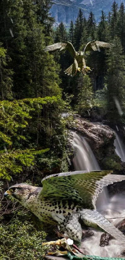 Falcons soaring over lush forest and waterfall.