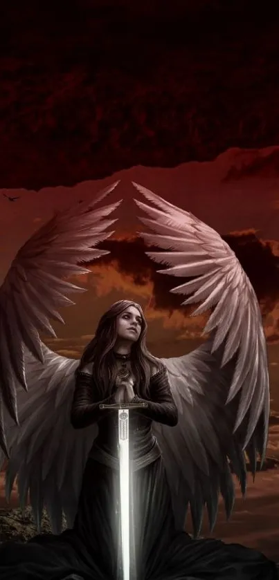 Angel with wings and sword under red sky.