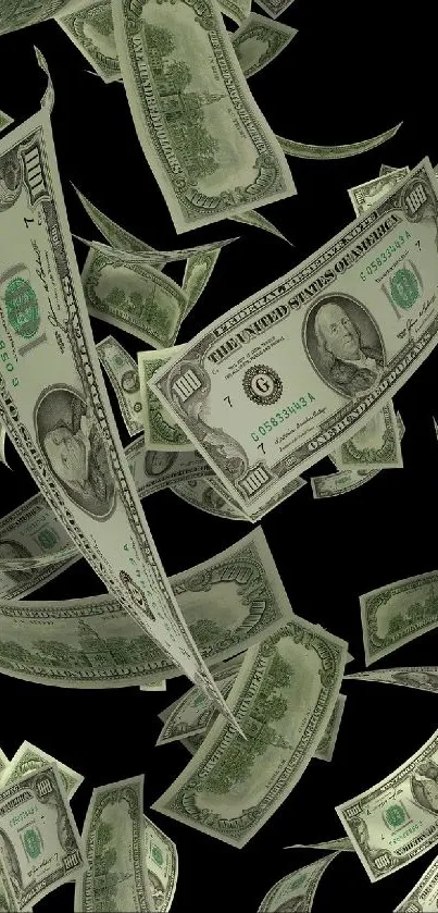 Wallpaper of falling dollar bills on a black background.