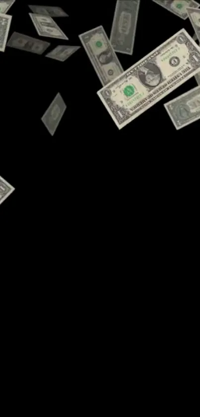 Mobile wallpaper with falling dollar bills on a dark background.