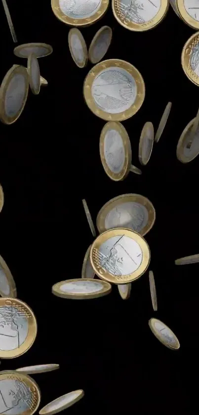 Dynamic mobile wallpaper of euro coins falling on a black background.