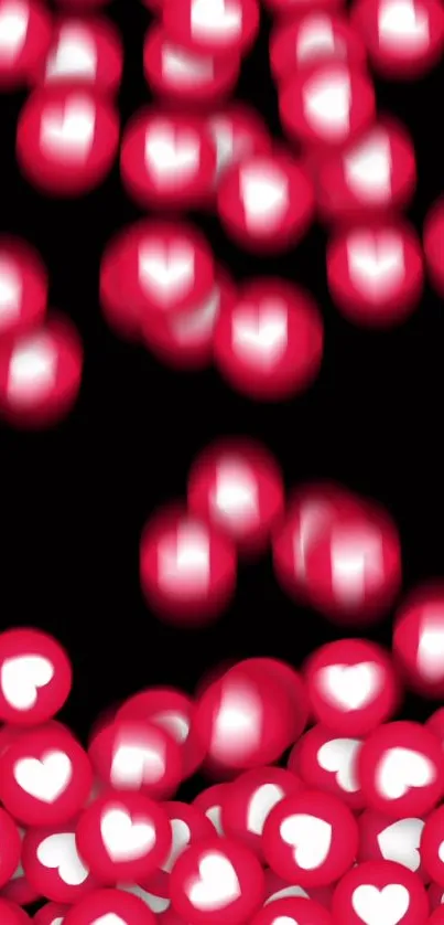 Mobile wallpaper of falling red hearts with bokeh effect on black background.