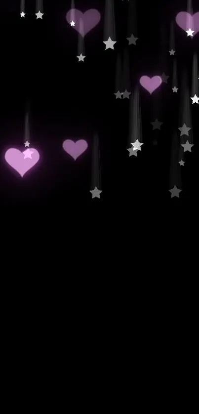 Black wallpaper with pink hearts and gray stars falling animation.