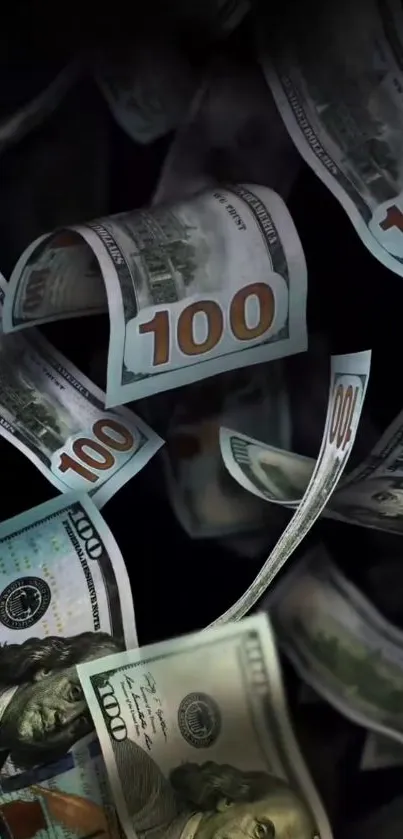 Hundred dollar bills floating in mid-air against a dark backdrop.