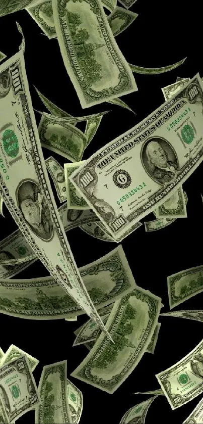 Falling dollar bills on black background displaying wealth.