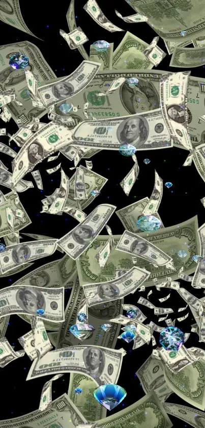Green dollar bills falling on a mobile wallpaper background.
