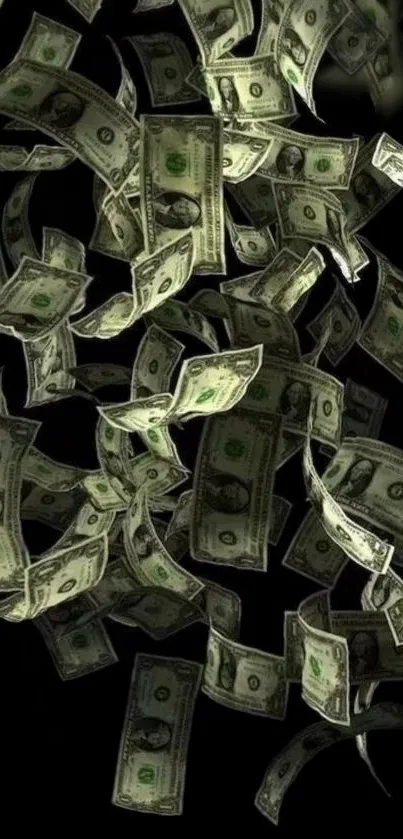 Falling dollar bills on a dark background wallpaper.