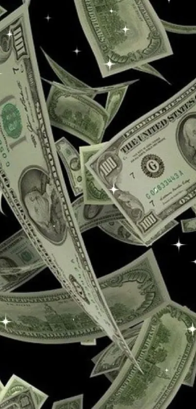 Mobile wallpaper with falling dollar bills on a dark background.