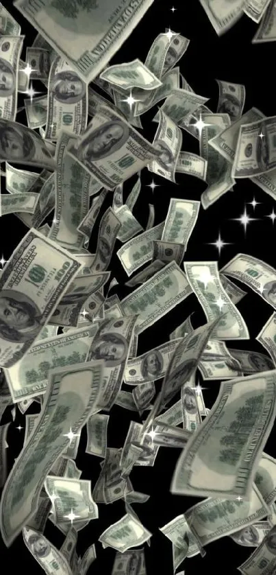 Dynamic wallpaper with falling dollar bills on a black background.