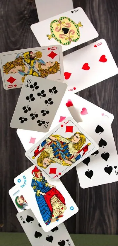 Falling playing cards with wooden backdrop art.