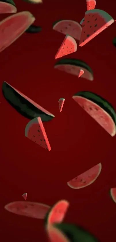 Falling watermelon slices on dark red background wallpaper.