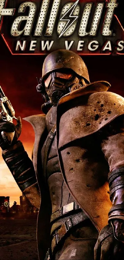 Fallout New Vegas warrior with revolver in dramatic sunset.