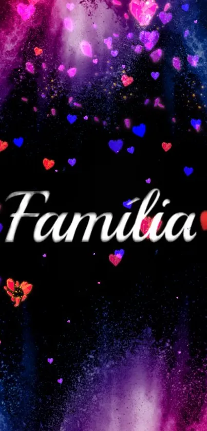 Familia text with vibrant heart design on black background.