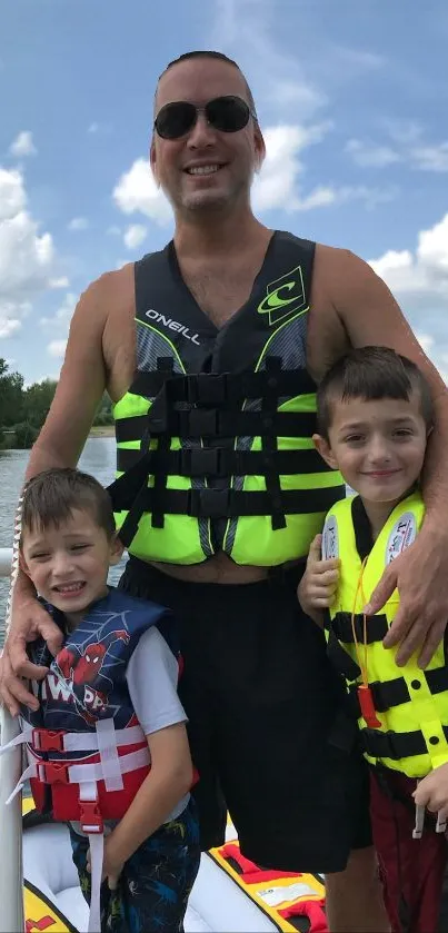 Family enjoying a sunny day on a boat with life jackets.