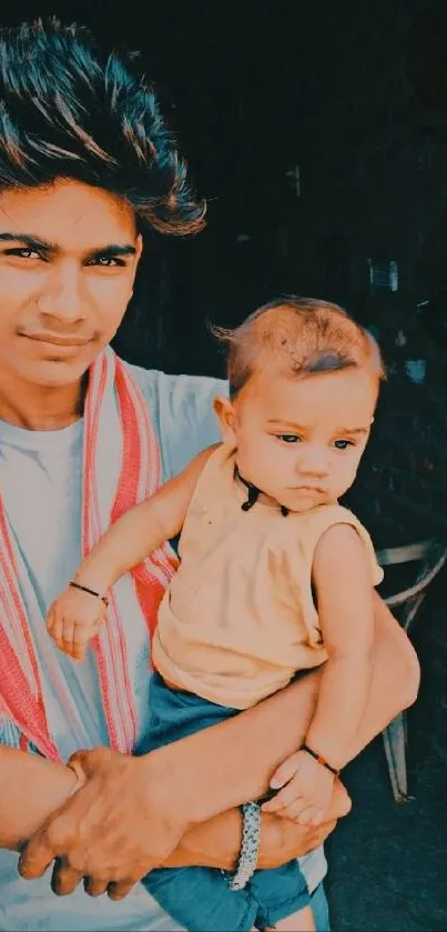 A young man holding a child in earthy tones, displaying family warmth.