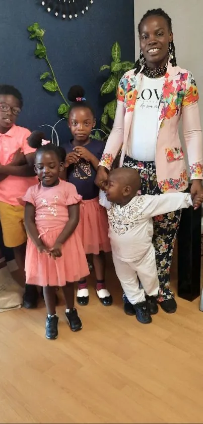 Joyful family group with colorful outfits.