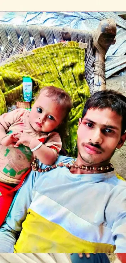 Father and child enjoying outdoor bonding on a colorful day.