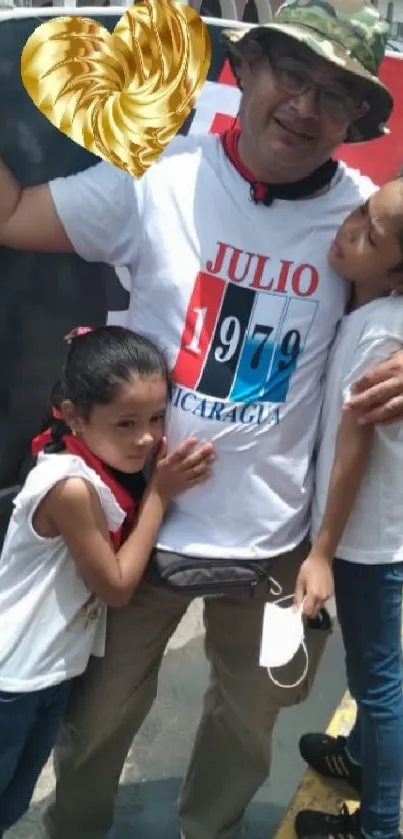 Family celebrating on Nicaraguan street, vibrant scene with joy.