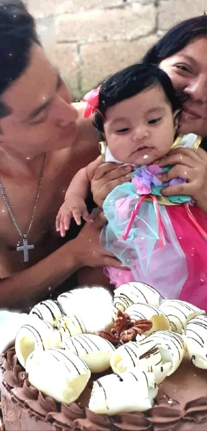 Family celebrating with baby and cake.