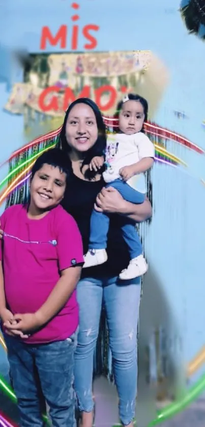 Family enjoying a lively celebration with neon decorations.