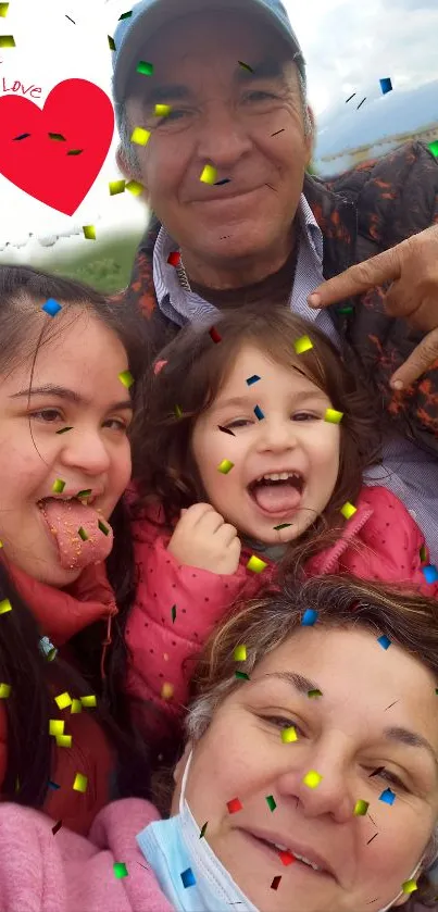 Happy family smiling with colorful confetti.