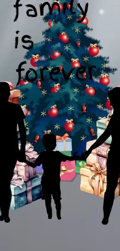 Family silhouette with Christmas tree and gifts, celebrating unity.