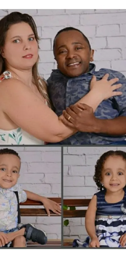 Family collage with a white brick wall background and smiling children.