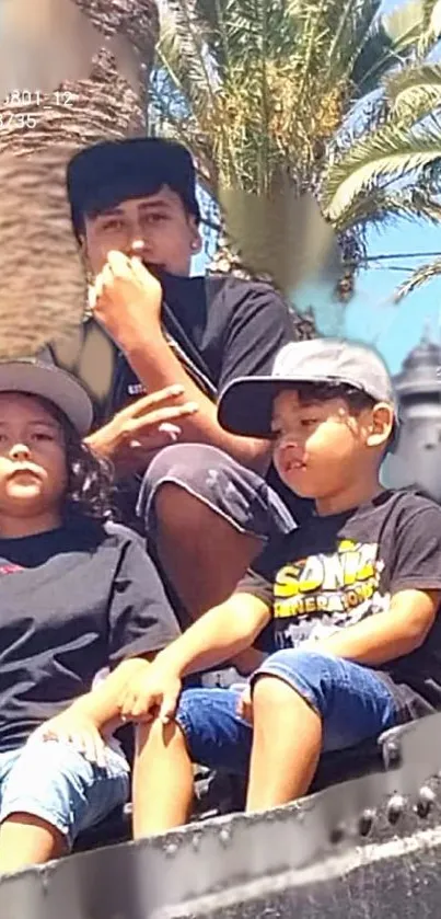 Children enjoying a sunny day with palms in the background.