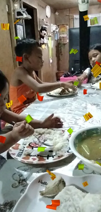 Family enjoying dinner with colorful decorations.