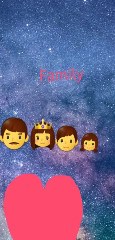 Family emojis on galaxy wallpaper with heart.