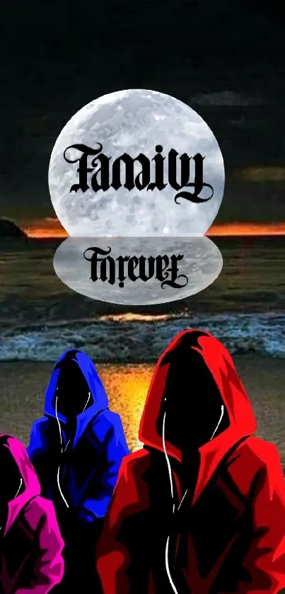 Family Forever themed beach scene with hooded silhouettes under a full moon.