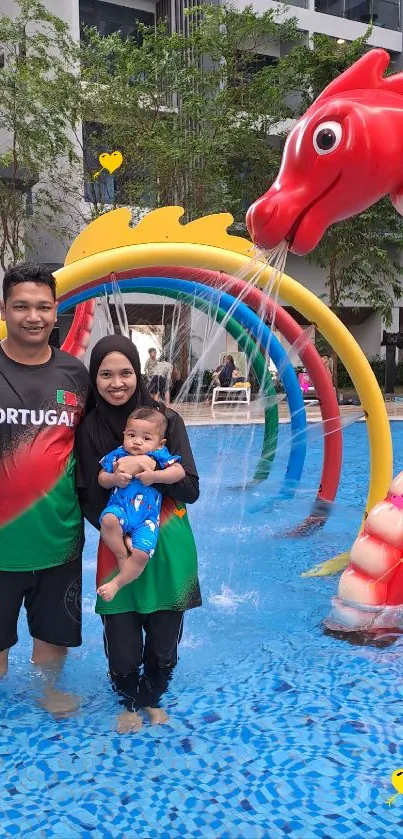 Family enjoying waterpark with colorful dragon slide.