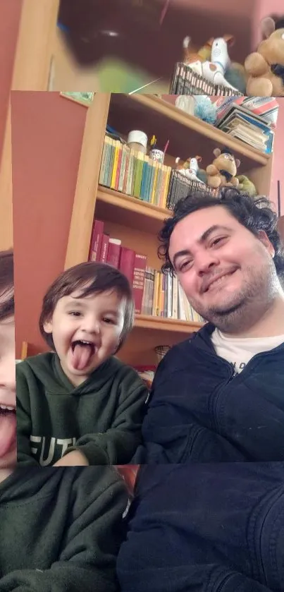 Playful family selfie in a cozy home setting.