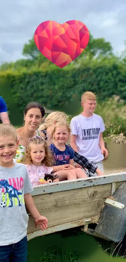 Family enjoying an outdoor outing with kids in a rustic setting under a heart icon.