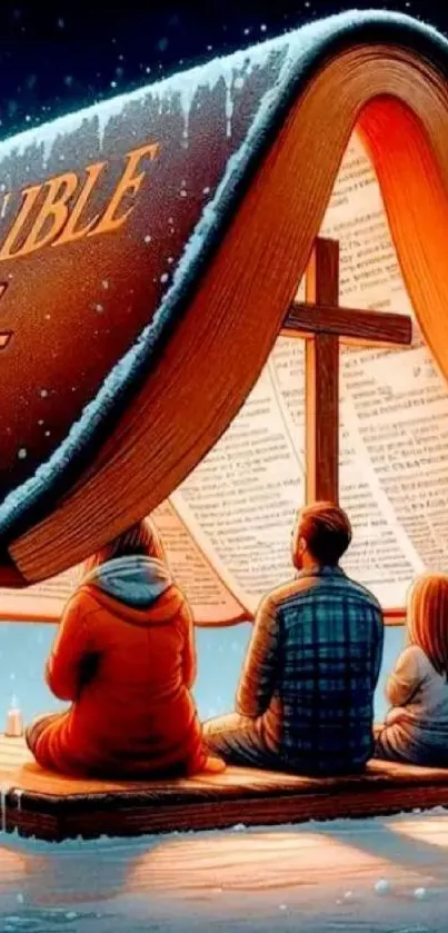 Family gathered under a large Bible in an artistic mobile wallpaper.