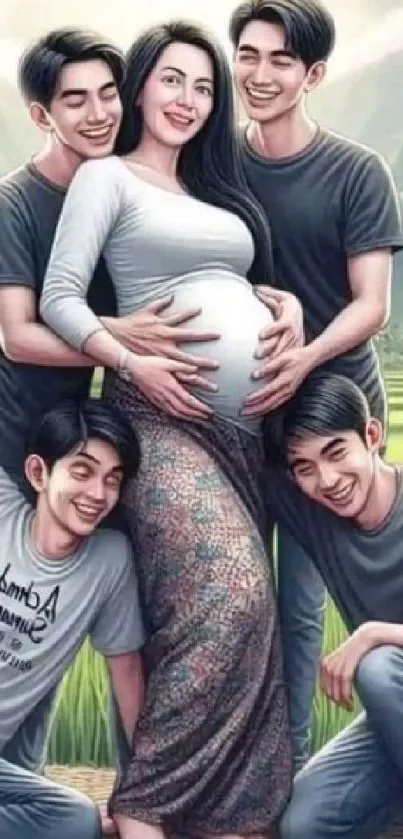 Family posing together in lush green field.