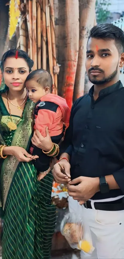 A family in traditional attire posing for a vibrant and colorful mobile wallpaper.