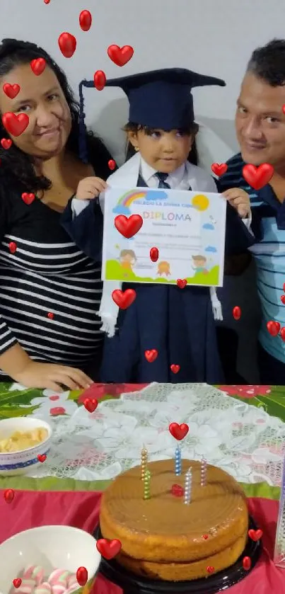 Family celebrating child's graduation with cake.