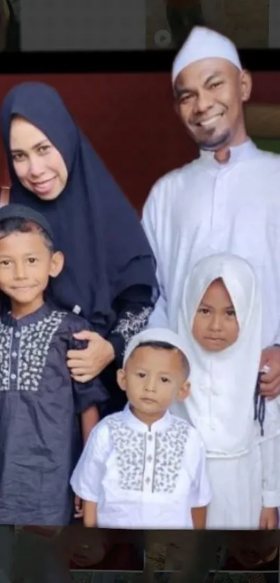 Heartwarming family portrait with smiling faces in cultural attire.
