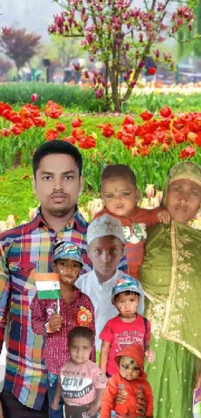 Family in a lush garden with colorful flowers.